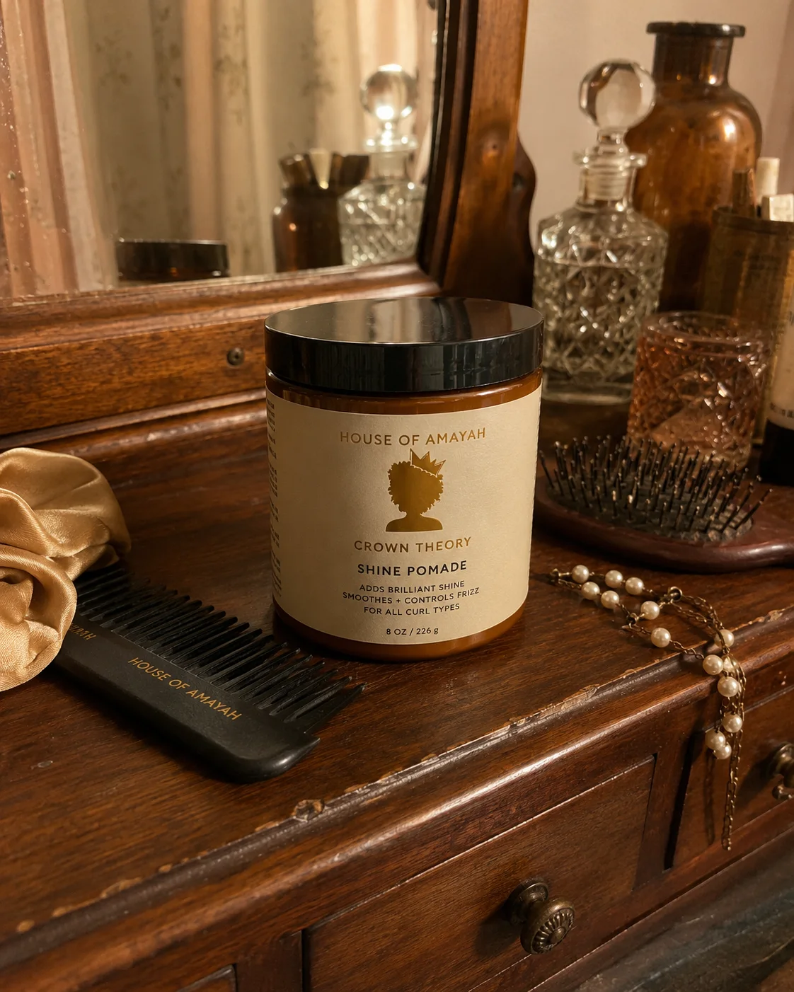 Crown Theory Shine Pomade on a vanity